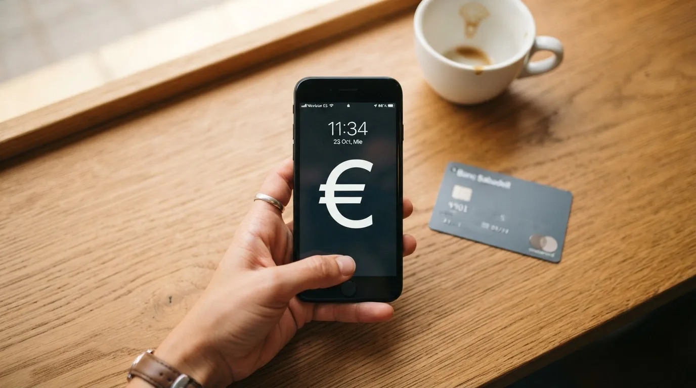 Manos sostienen una tarjeta bancaria junto a un teléfono móvil sobre un escritorio con una taza de café al lado.