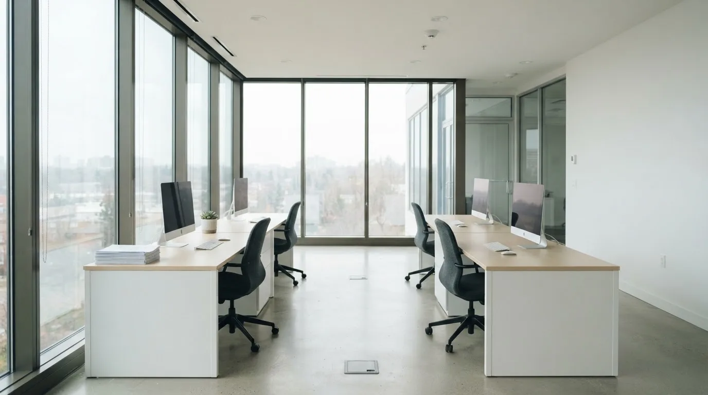 Interior de una oficina moderna con escritorios ordenados y grandes ventanas, sin ninguna persona presente.